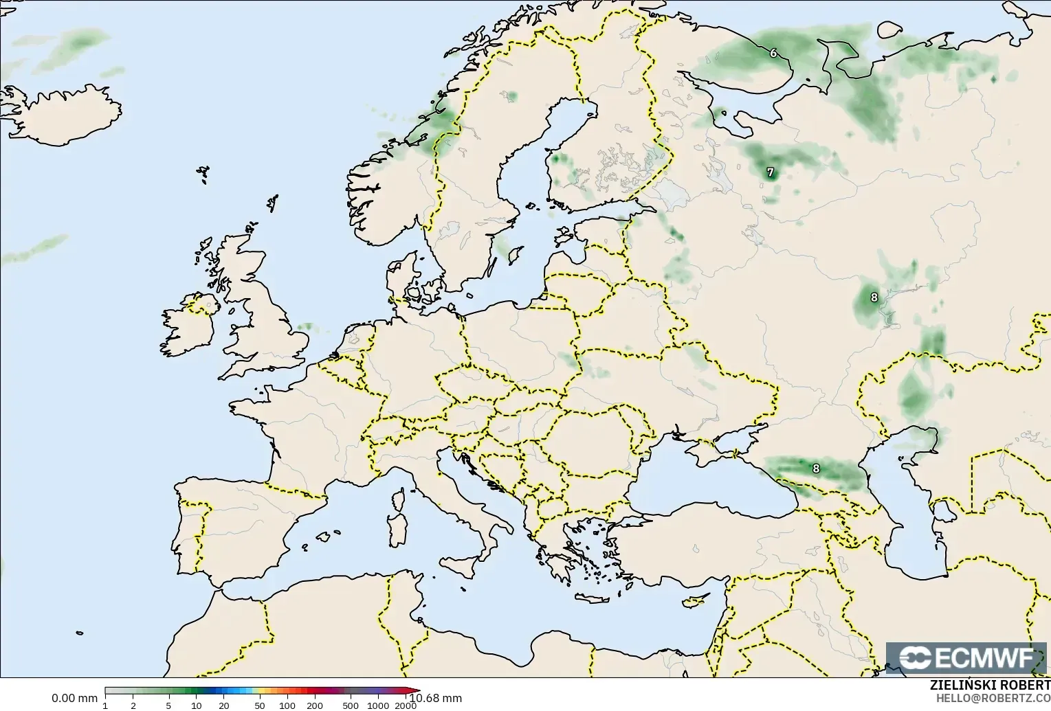 ECMWF IFS 0.25° モデル - ヨーロッパ, 降水量の合計