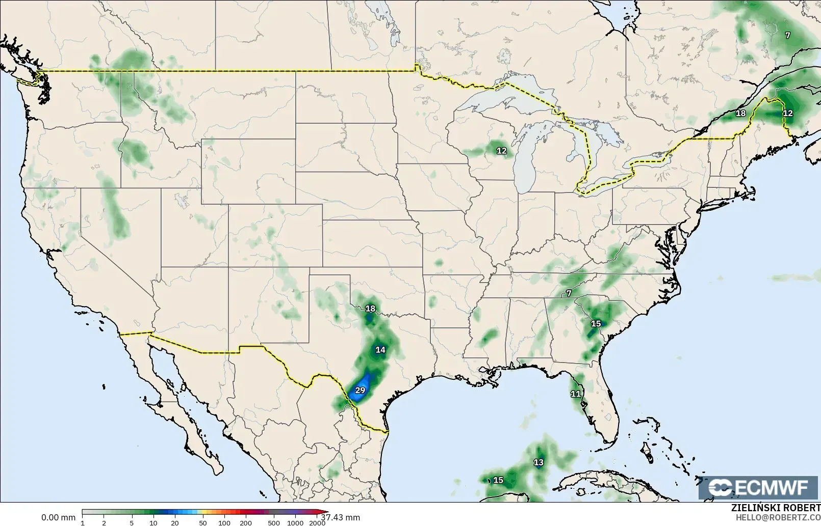 ECMWF IFS 0.25° モデル - アメリカ合衆国, 降水量の合計