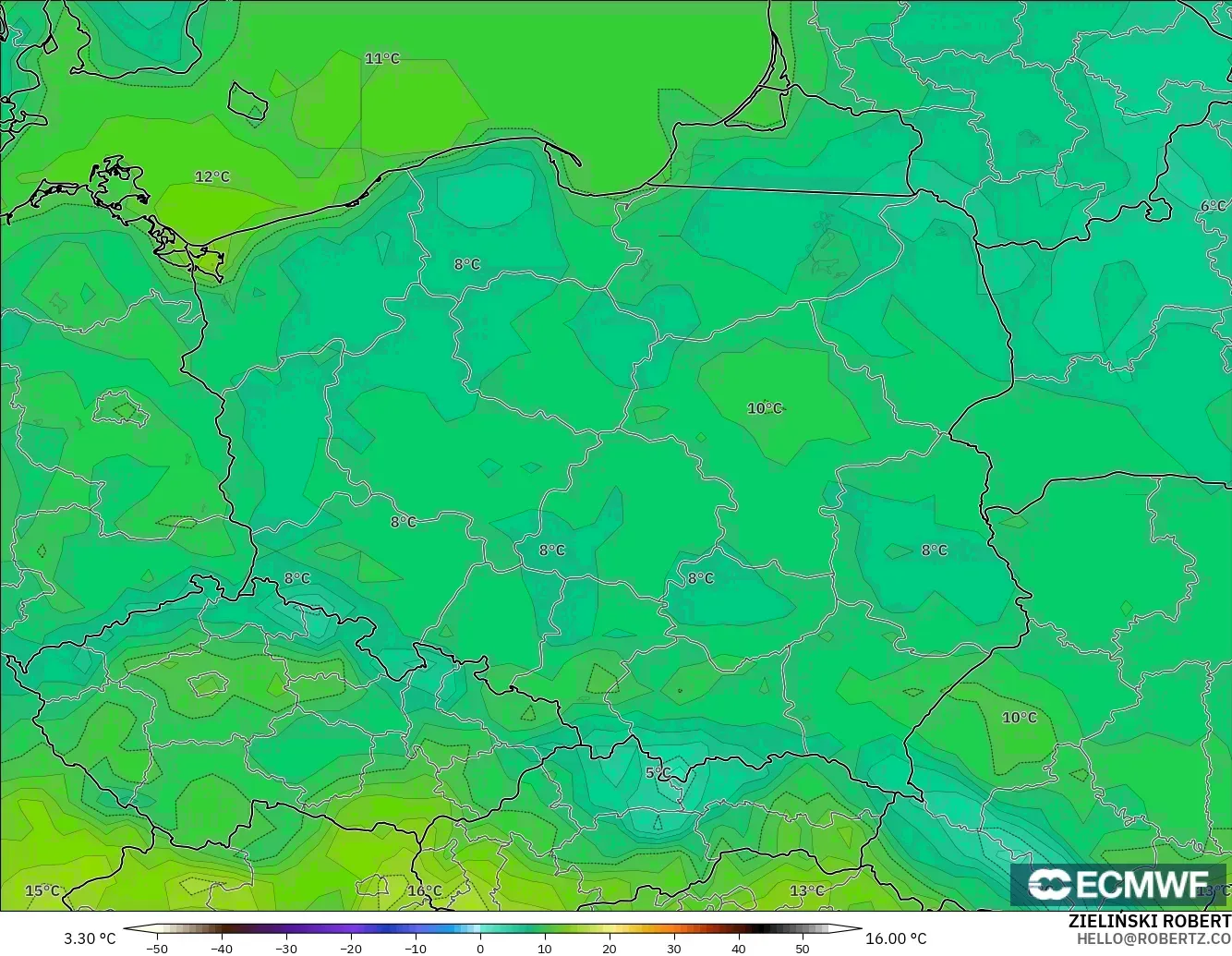 ECMWF IFS 0.25° モデル - ポーランド, 気温（2m）