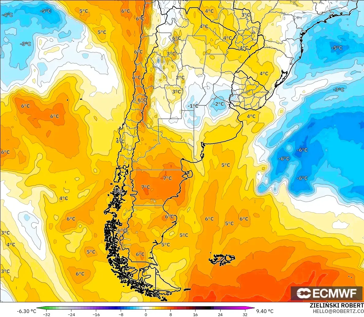 ECMWF IFS 0.25° モデル - アルゼンチン, 気温異常（850hPa）