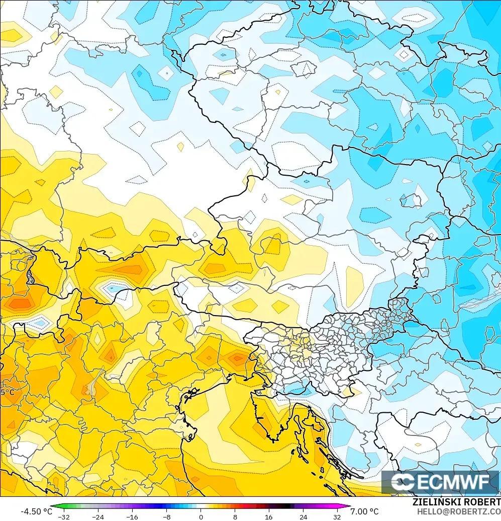 ECMWF IFS 0.25° モデル - オーストリア, 気温異常（2m）
