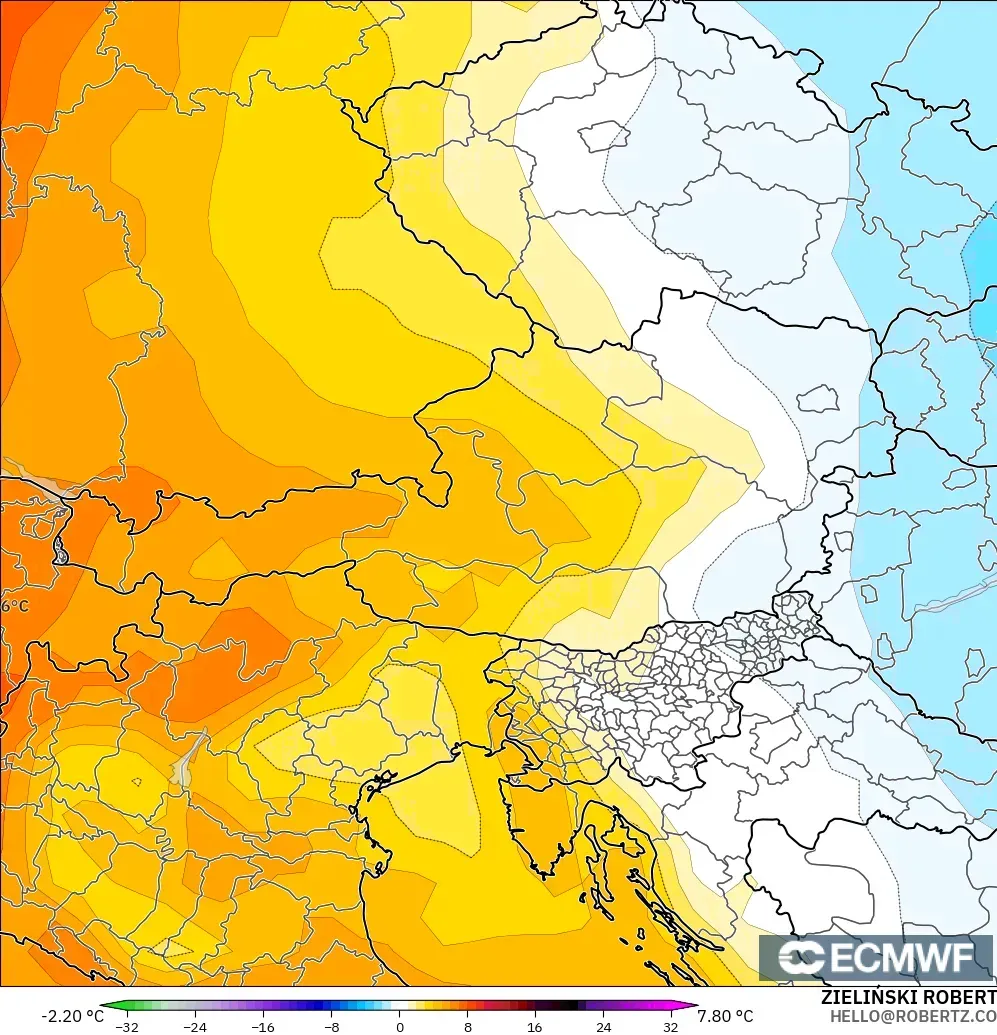 ECMWF IFS 0.25° モデル - オーストリア, 気温異常（850hPa）