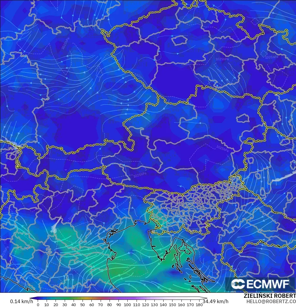 ECMWF IFS 0.25° モデル - オーストリア, 風速（10m）