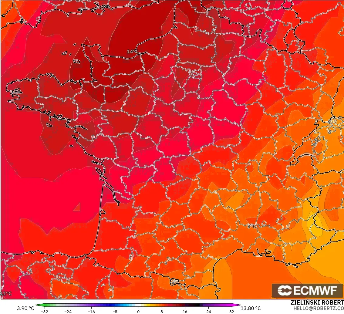 ECMWF IFS 0.25° モデル - フランス, 気温異常（850hPa）