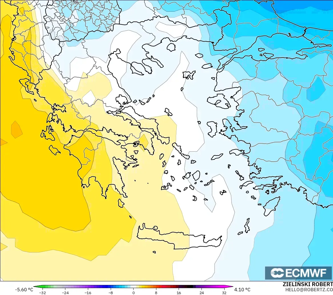 ECMWF IFS 0.25° モデル - ギリシャ, 気温異常（850hPa）