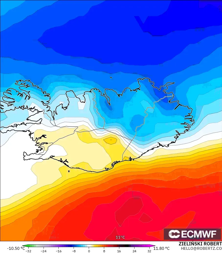 ECMWF IFS 0.25° モデル - アイスランド, 気温異常（850hPa）