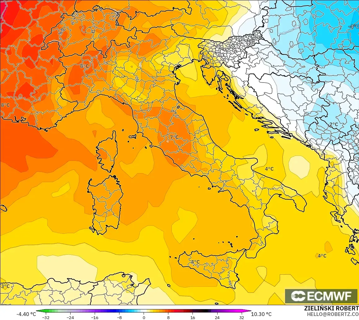 ECMWF IFS 0.25° モデル - イタリア, 気温異常（850hPa）