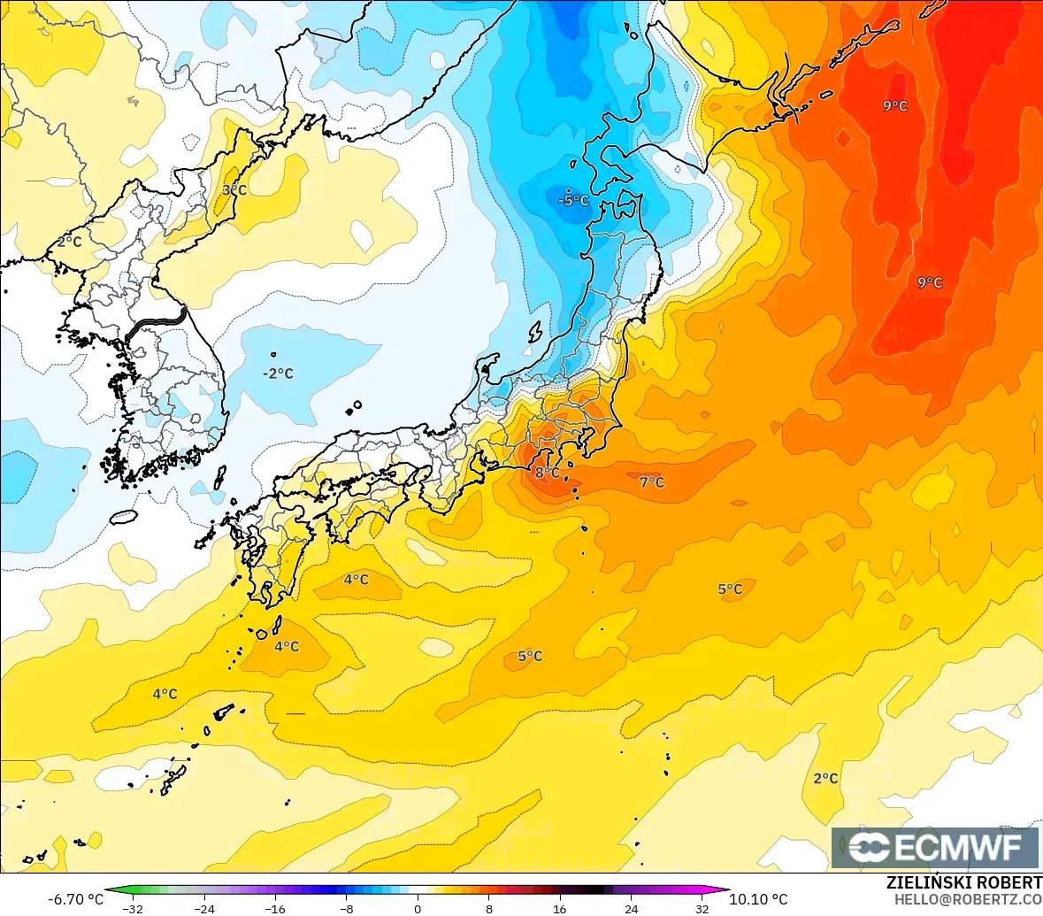 ECMWF IFS 0.25° モデル - 日本, 気温異常（850hPa）