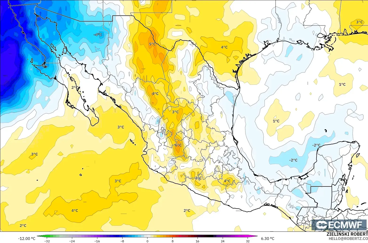 ECMWF IFS 0.25° モデル - メキシコ, 気温異常（850hPa）