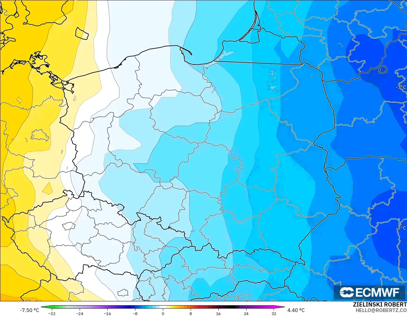 ECMWF IFS 0.25° モデル - ポーランド, 気温異常（850hPa）