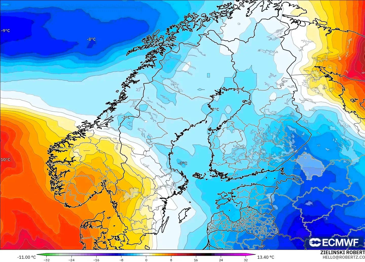 ECMWF IFS 0.25° モデル - スカンジナビア, 気温異常（850hPa）