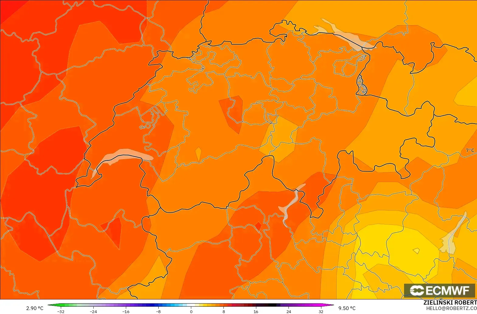 ECMWF IFS 0.25° モデル - スイス, 気温異常（850hPa）
