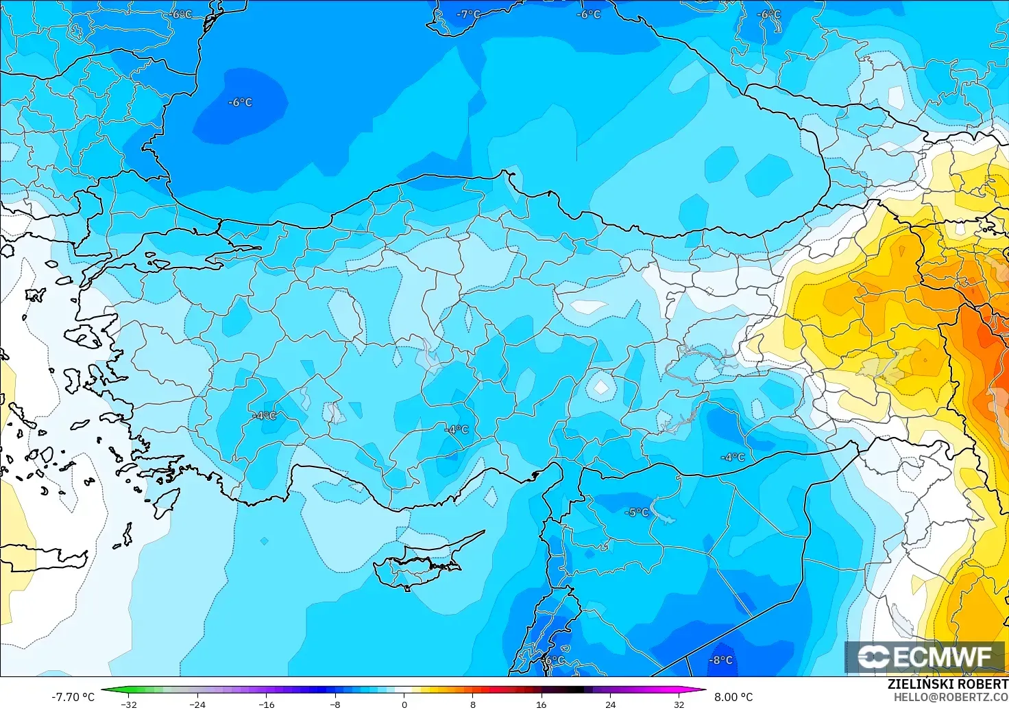 ECMWF IFS 0.25° モデル - トルコ, 気温異常（850hPa）