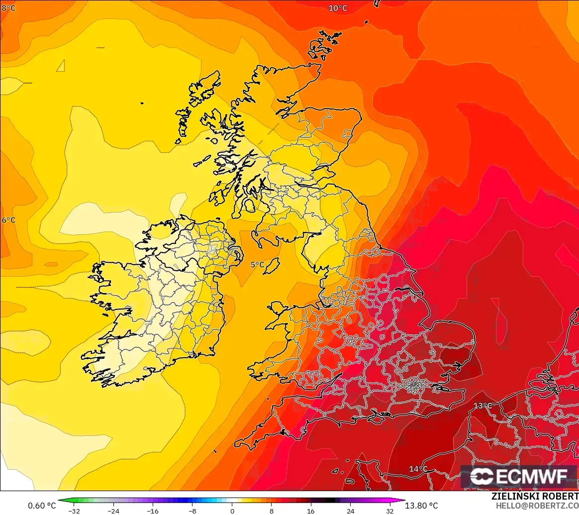 ECMWF IFS 0.25° モデル - イギリス, 気温異常（850hPa）