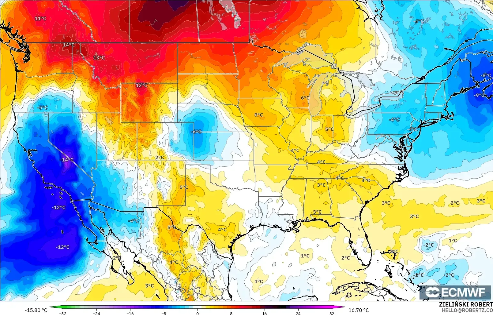ECMWF IFS 0.25° モデル - アメリカ合衆国, 気温異常（850hPa）