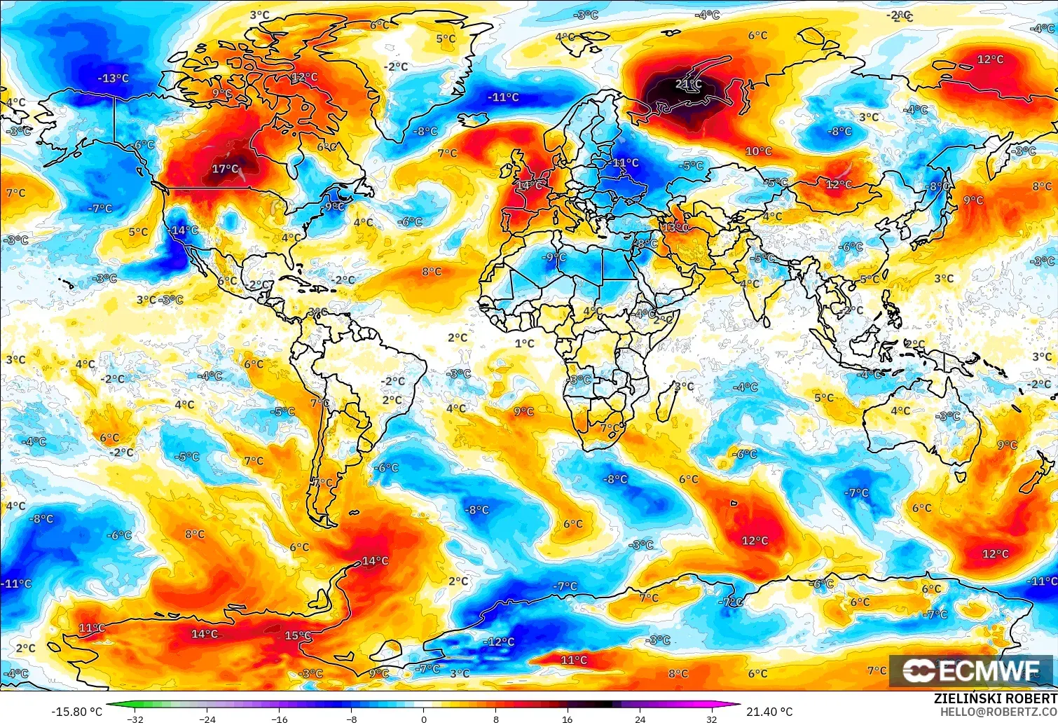 ECMWF IFS 0.25° モデル - 世界, 気温異常（850hPa）