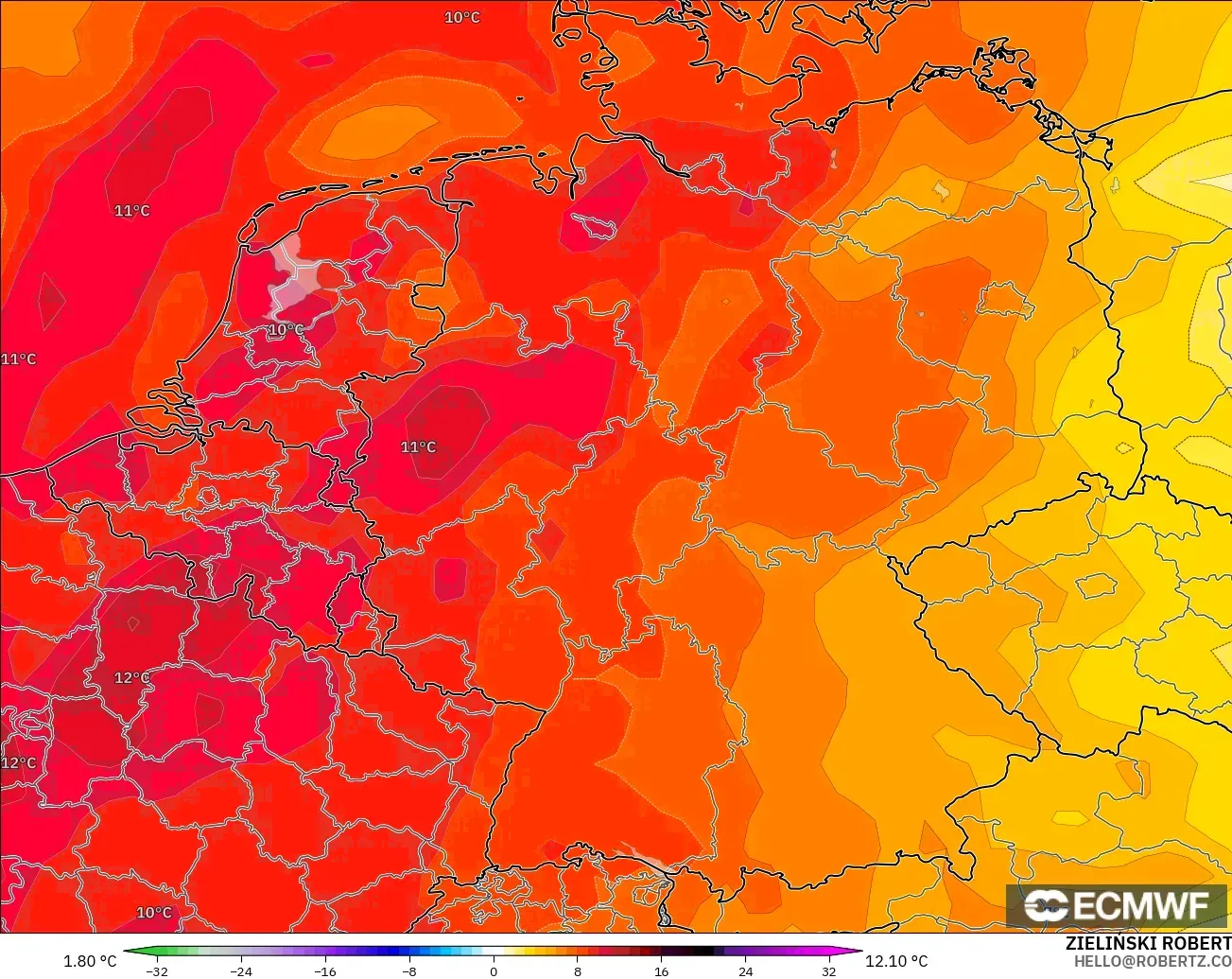 ECMWF IFS 0.25° モデル - ドイツ, 気温異常（850hPa）