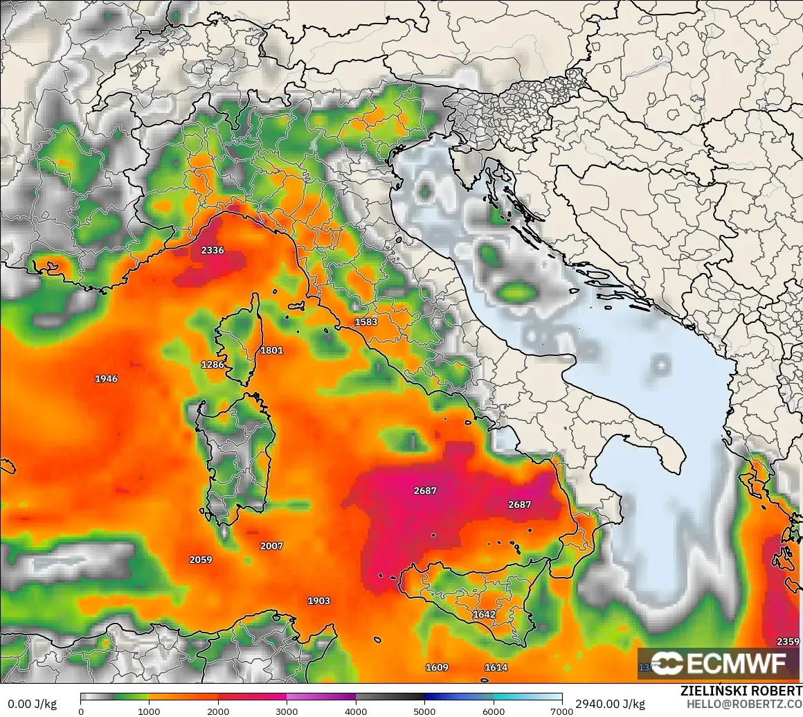 ECMWF IFS 0.25° モデル - イタリア, CAPE