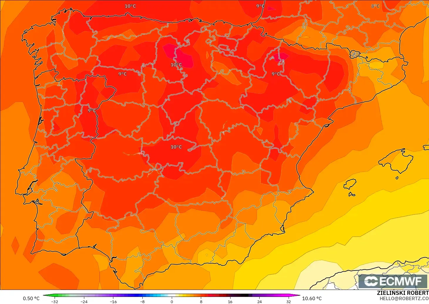 ECMWF IFS 0.25° モデル - スペイン, 気温異常（850hPa）