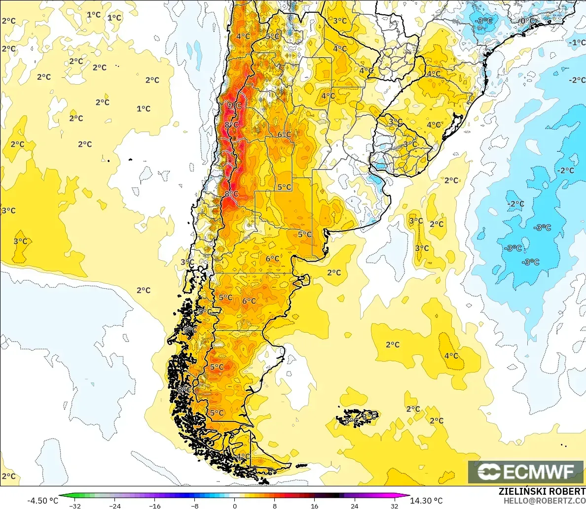 ECMWF IFS 0.25° モデル - アルゼンチン, 気温異常（2m）