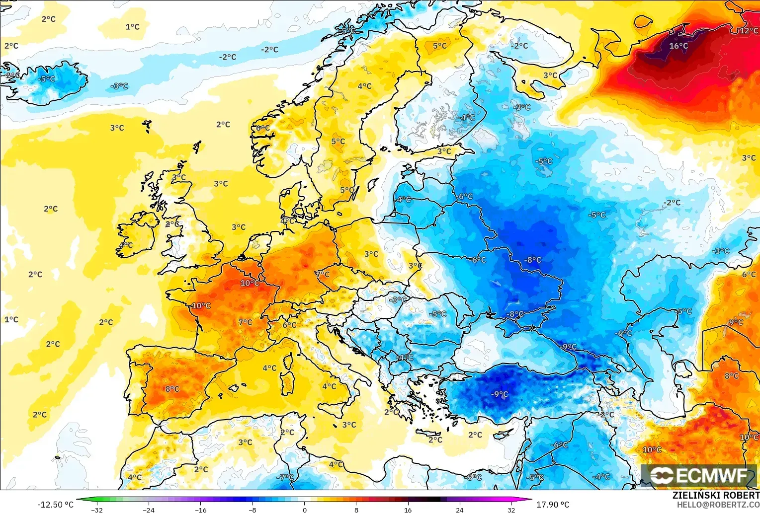ECMWF IFS 0.25° モデル - ヨーロッパ, 気温異常（2m）