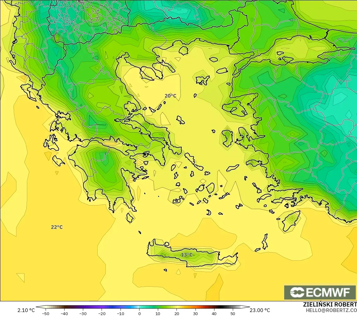 ECMWF IFS 0.25° モデル - ギリシャ, 気温（2m）