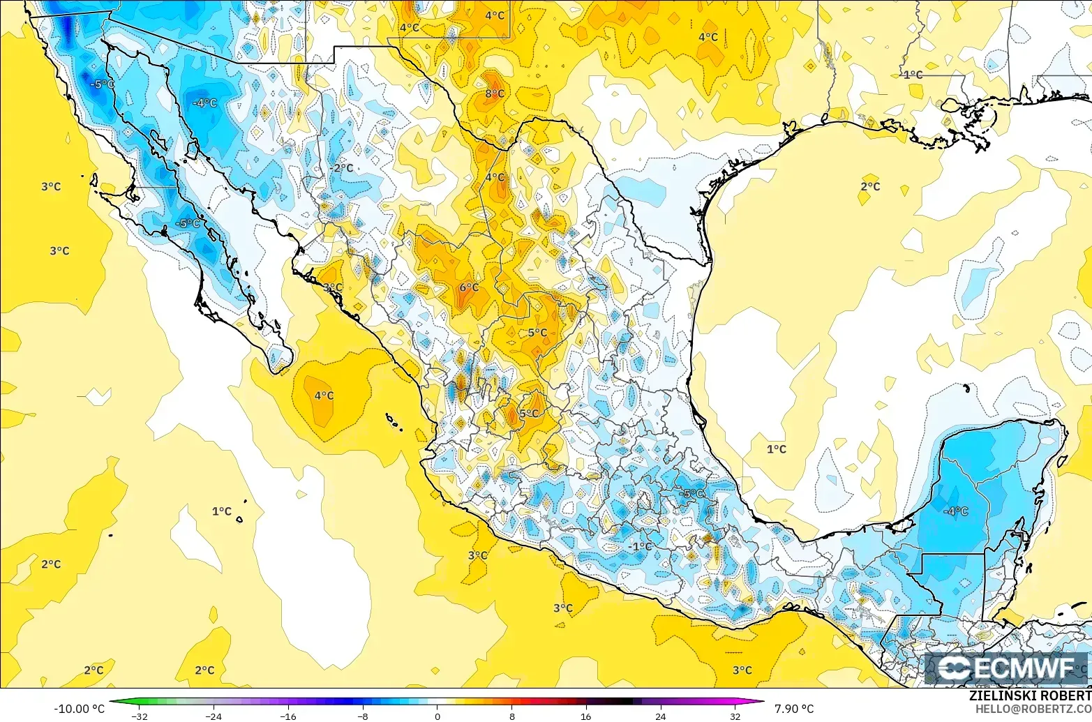 ECMWF IFS 0.25° モデル - メキシコ, 気温異常（2m）