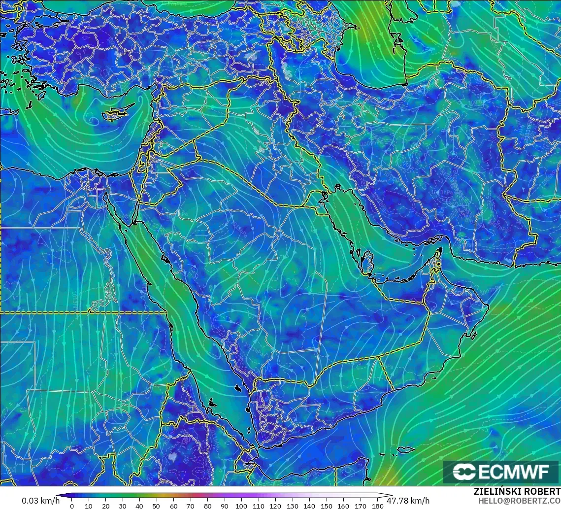 ECMWF IFS 0.25° モデル - 中東, 風速（10m）