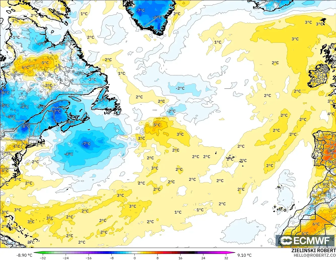 ECMWF IFS 0.25° モデル - 北大西洋, 気温異常（2m）