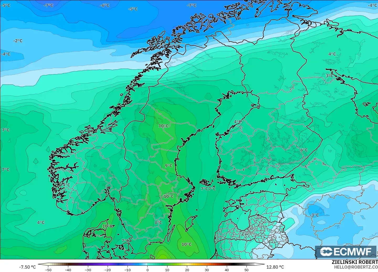 ECMWF IFS 0.25° モデル - スカンジナビア, 気温（850hPa）