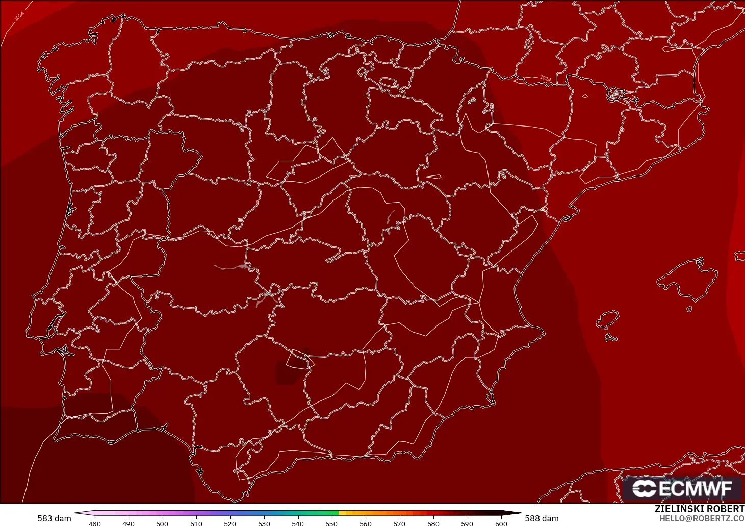 ECMWF IFS 0.25° モデル - スペイン, 500hPaのジオポテンシャル高度