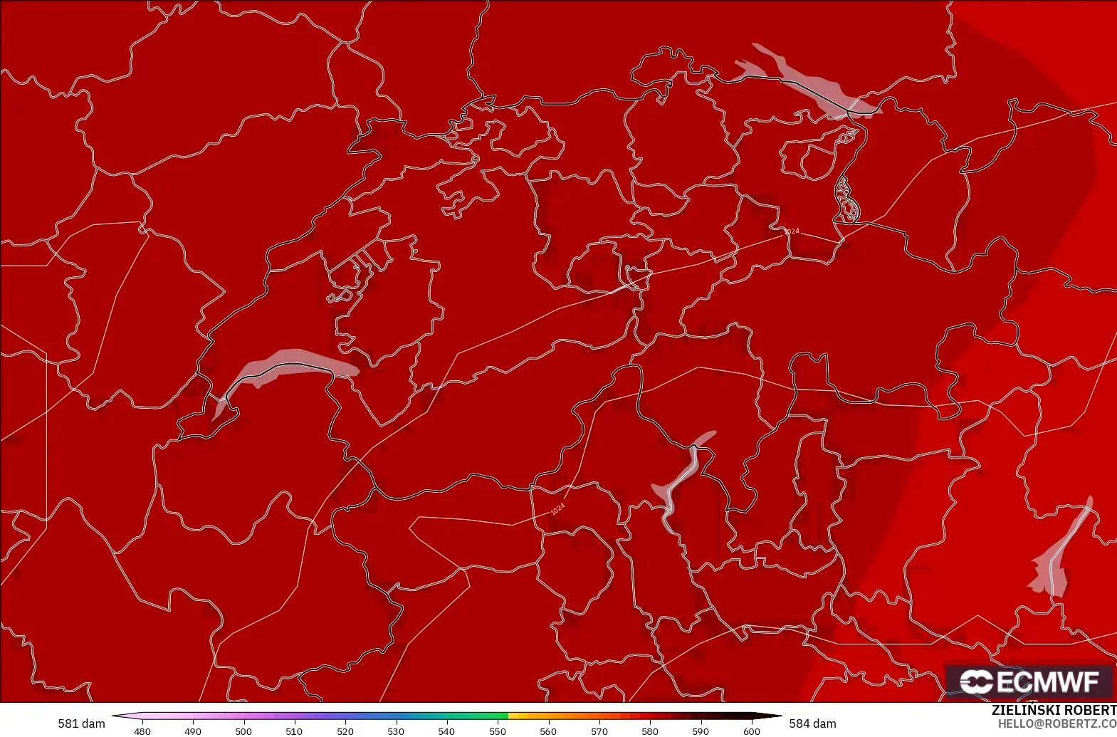 ECMWF IFS 0.25° モデル - スイス, 500hPaのジオポテンシャル高度