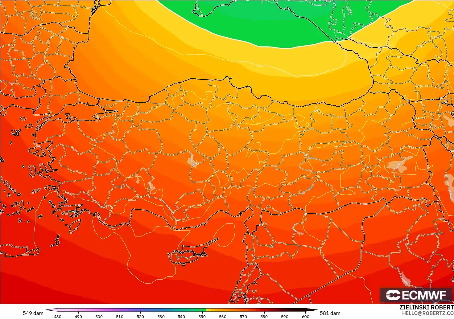 ECMWF IFS 0.25° モデル - トルコ, 500hPaのジオポテンシャル高度