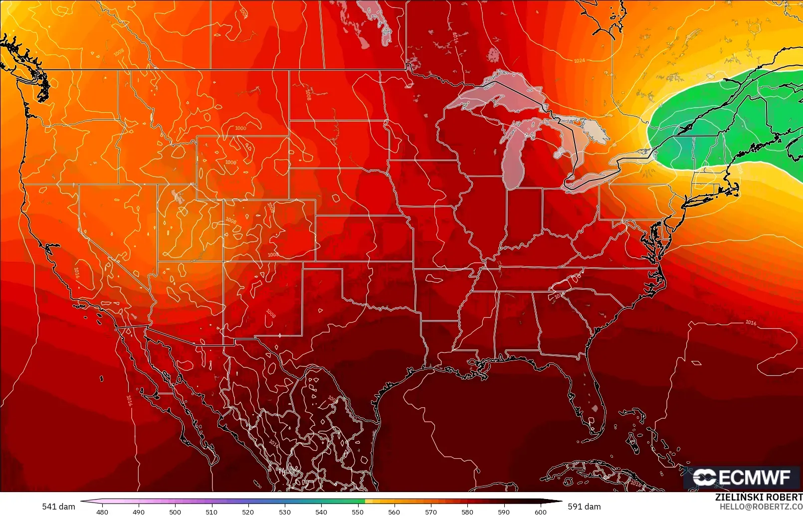 ECMWF IFS 0.25° モデル - アメリカ合衆国, 500hPaのジオポテンシャル高度
