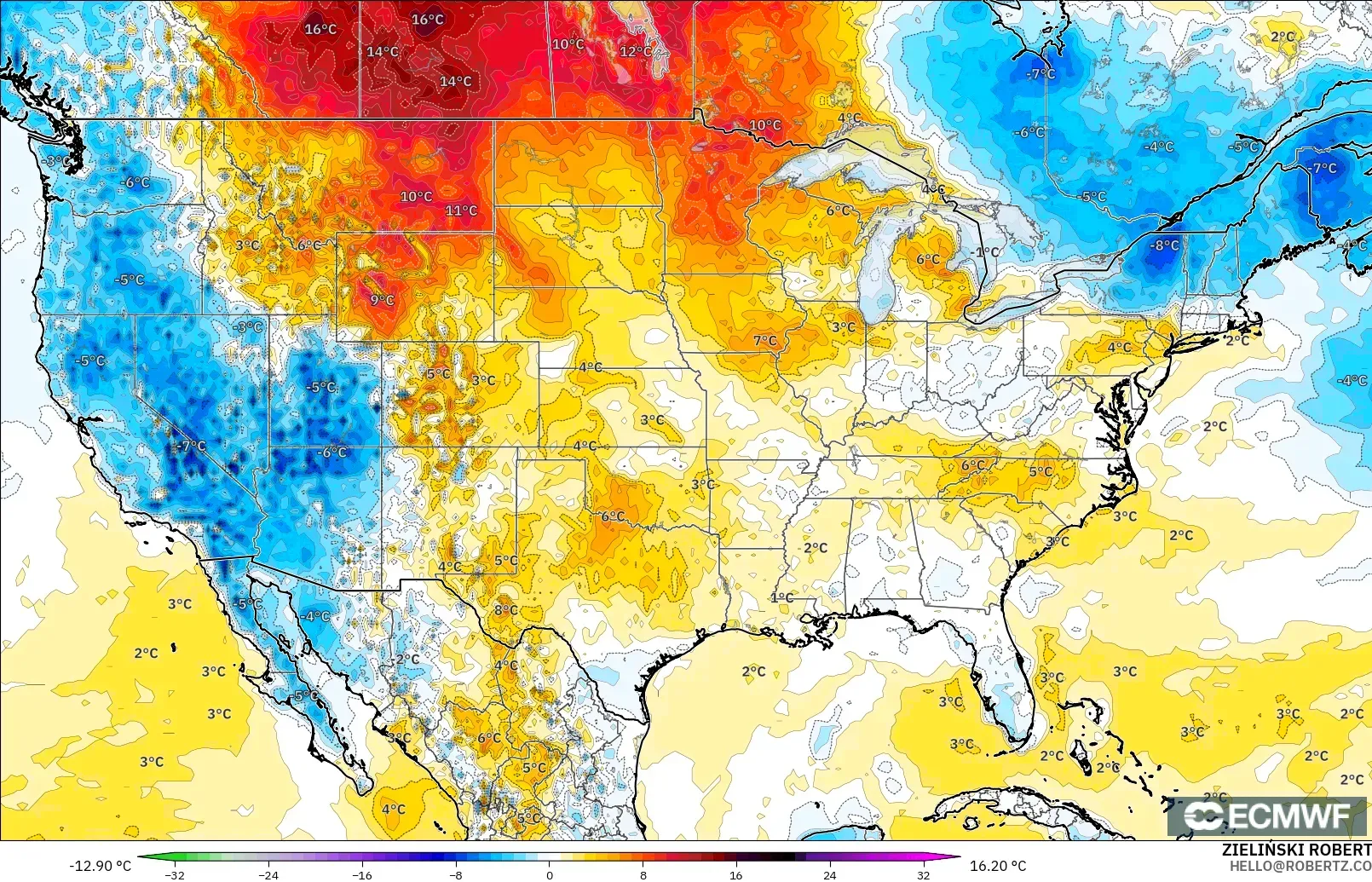 ECMWF IFS 0.25° モデル - アメリカ合衆国, 気温異常（2m）