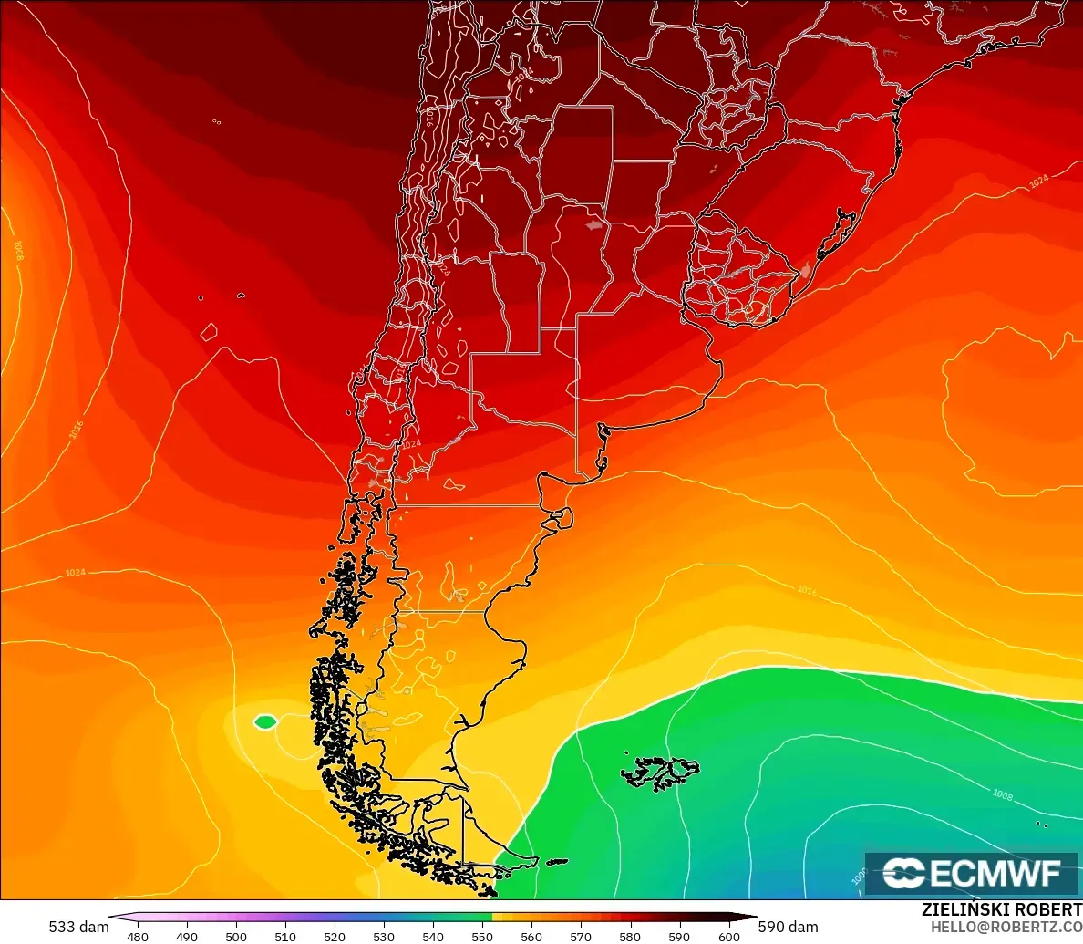 ECMWF IFS 0.25° モデル - アルゼンチン, 500hPaのジオポテンシャル高度