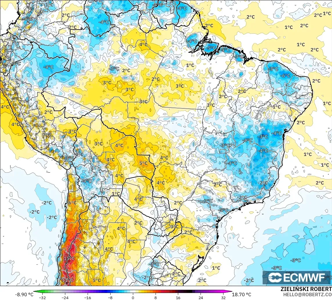 ECMWF IFS 0.25° モデル - ブラジル, 気温異常（2m）