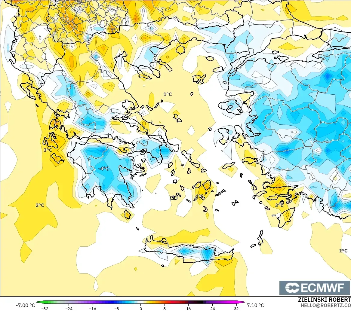 ECMWF IFS 0.25° モデル - ギリシャ, 気温異常（2m）