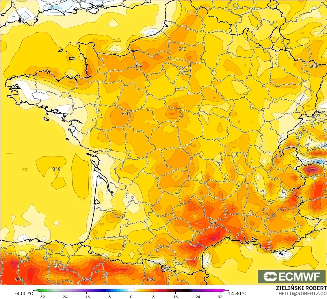 ECMWF IFS 0.25° モデル - フランス, 気温異常（2m）