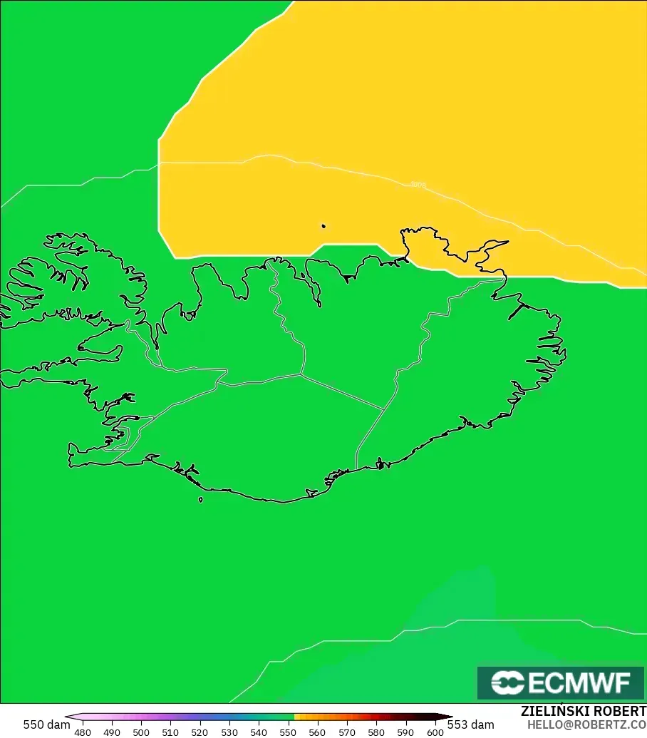 ECMWF IFS 0.25° モデル - アイスランド, 500hPaのジオポテンシャル高度