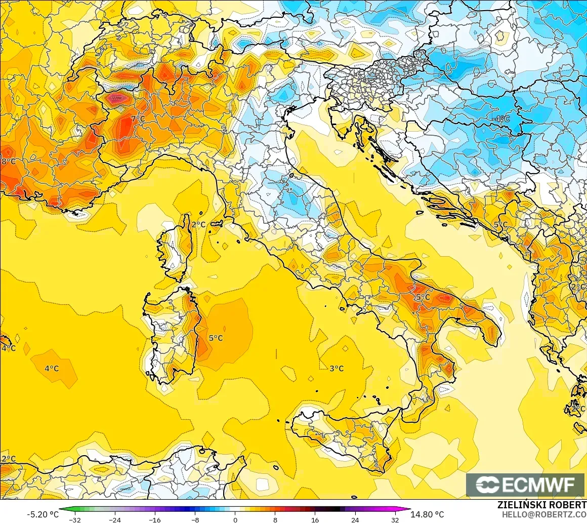ECMWF IFS 0.25° モデル - イタリア, 気温異常（2m）