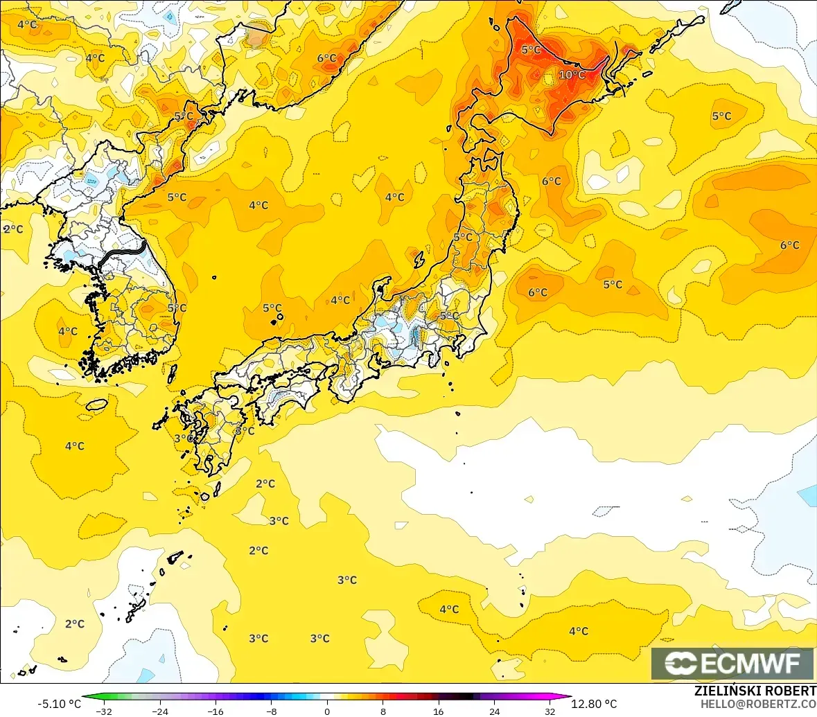 ECMWF IFS 0.25° モデル - 日本, 気温異常（2m）