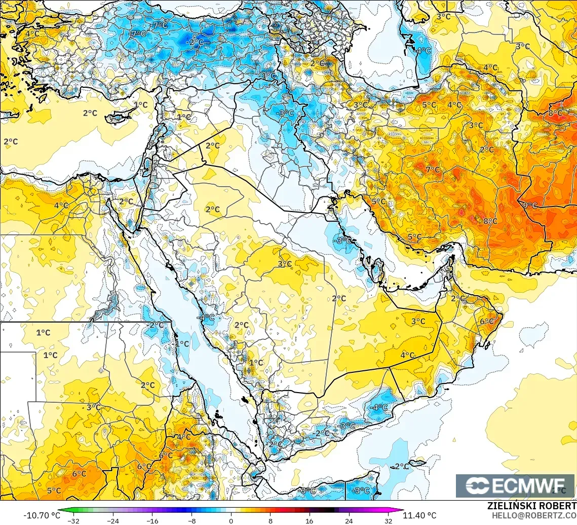ECMWF IFS 0.25° モデル - 中東, 気温異常（2m）