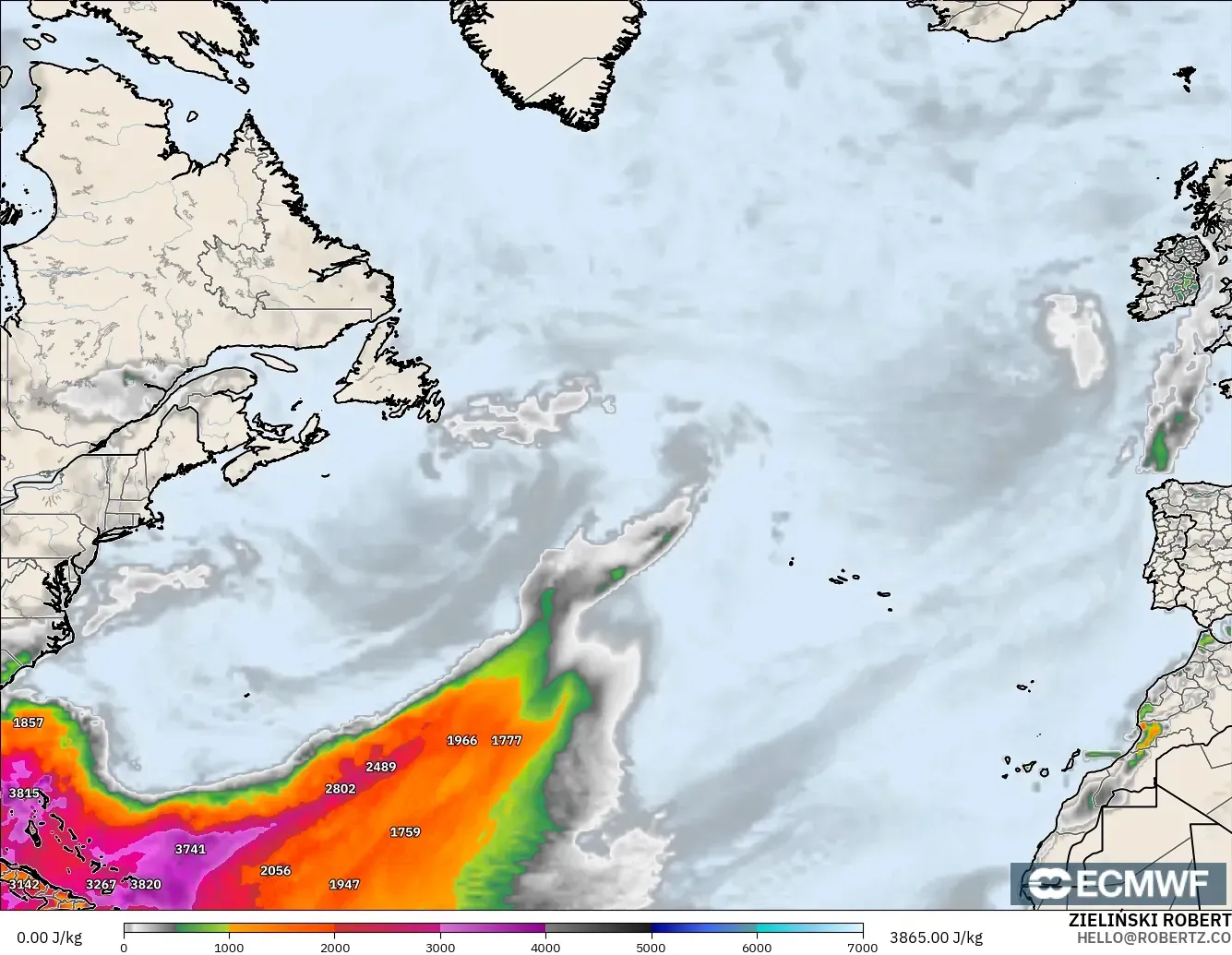 ECMWF IFS 0.25° モデル - 北大西洋, CAPE