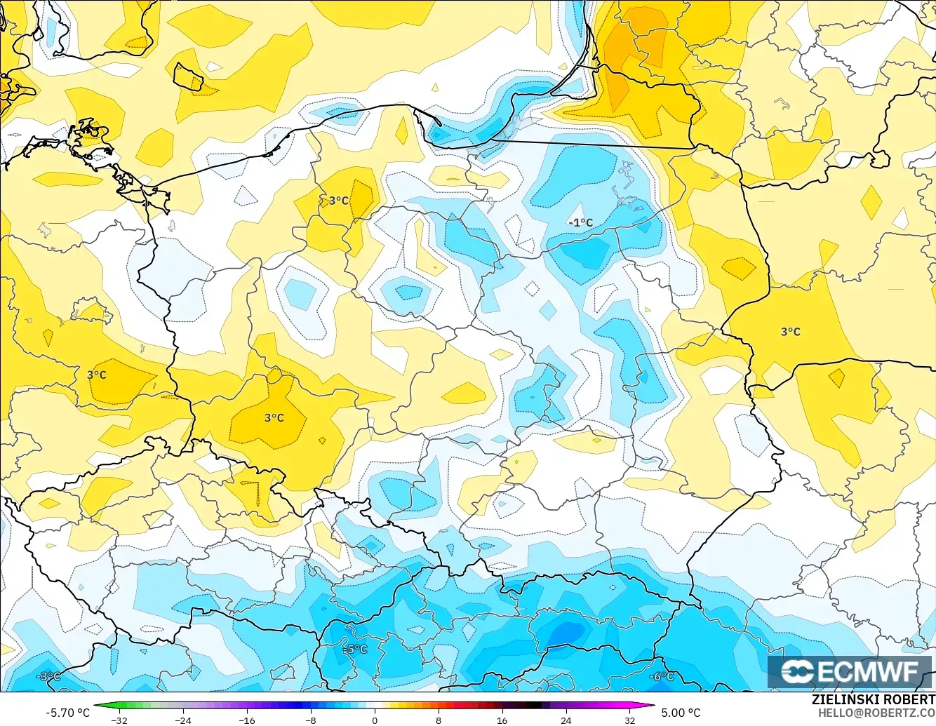 ECMWF IFS 0.25° モデル - ポーランド, 気温異常（2m）