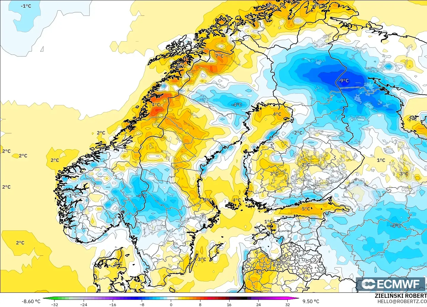 ECMWF IFS 0.25° モデル - スカンジナビア, 気温異常（2m）