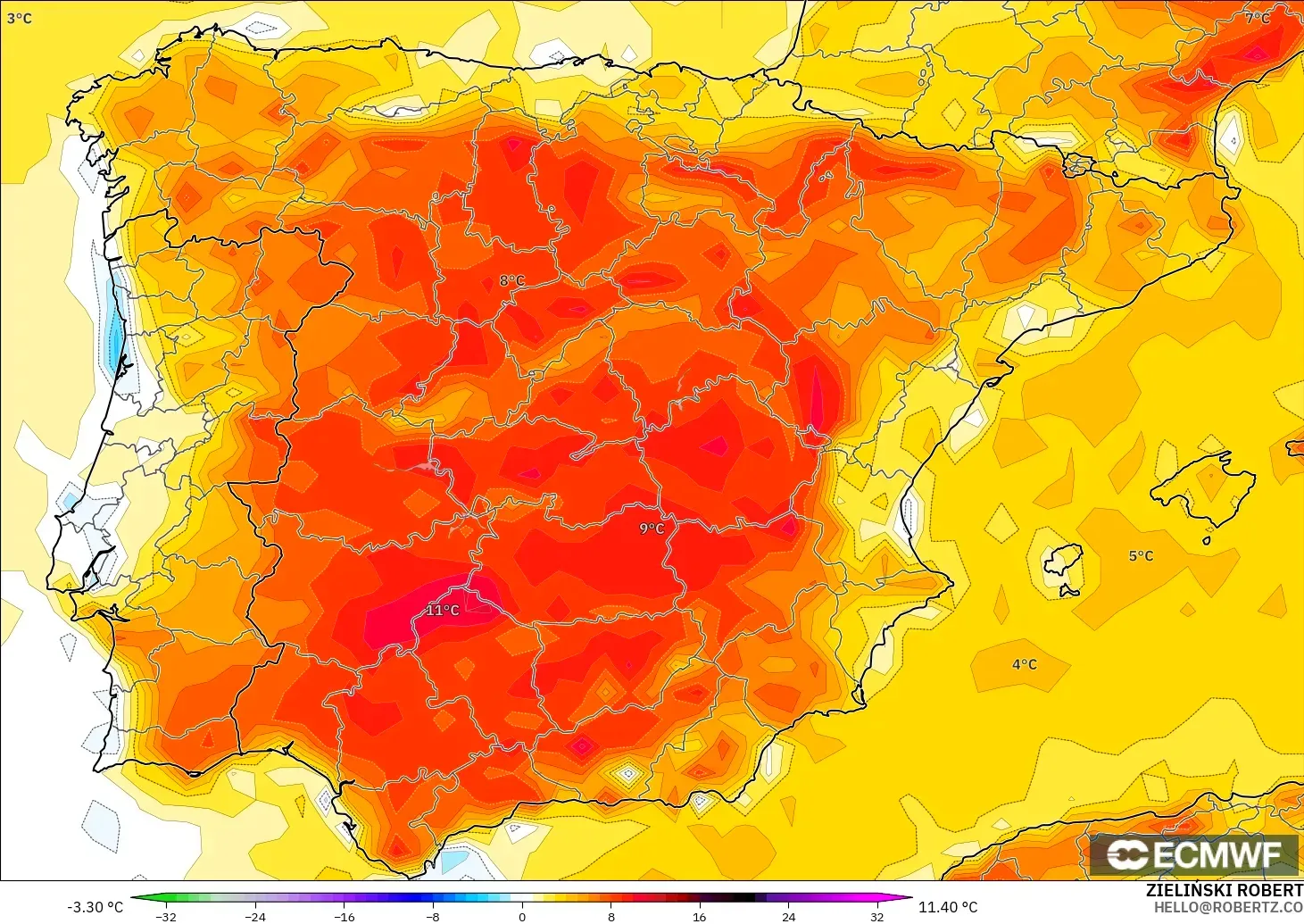 ECMWF IFS 0.25° モデル - スペイン, 気温異常（2m）