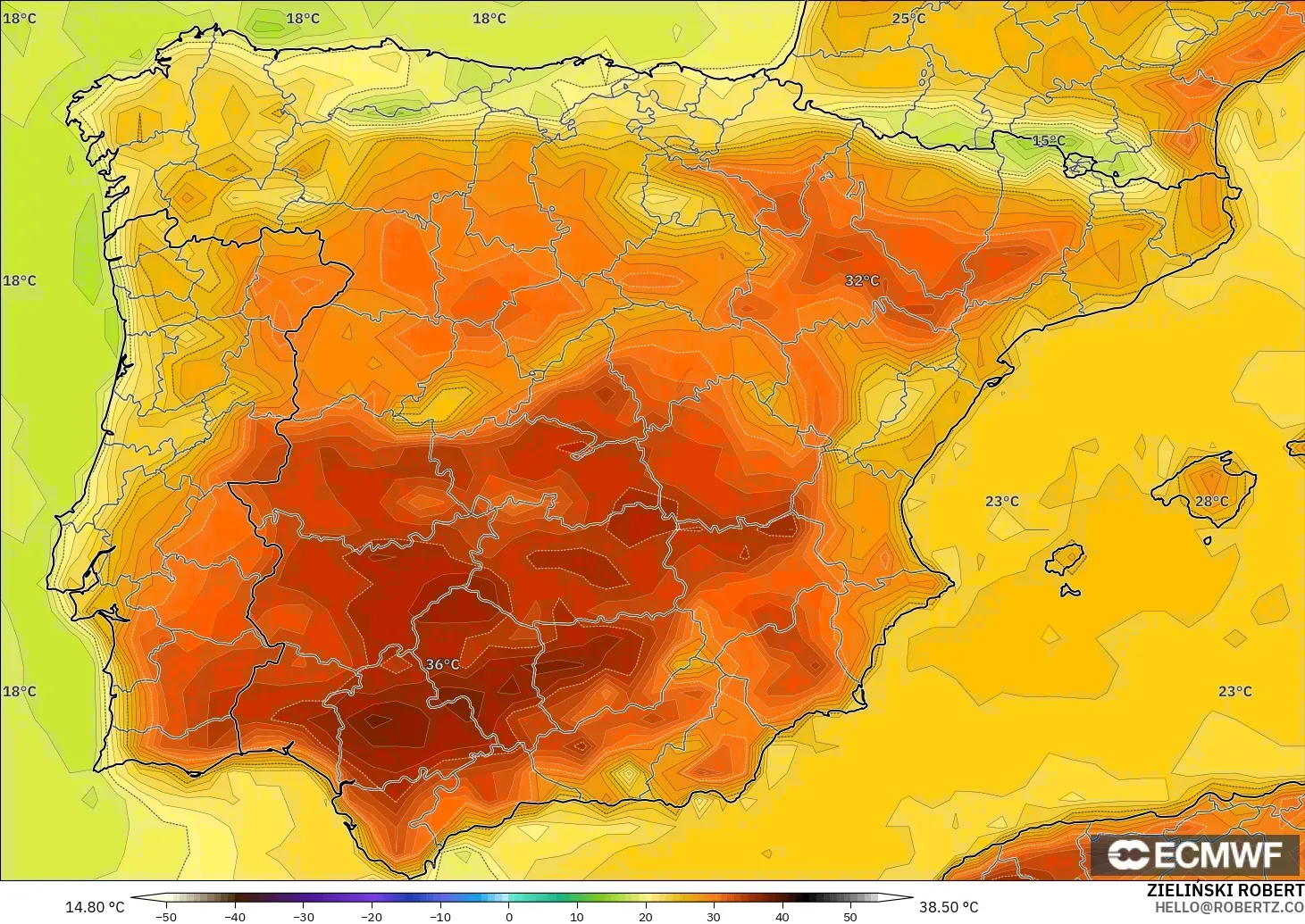 ECMWF IFS 0.25° モデル - スペイン, 気温（2m）
