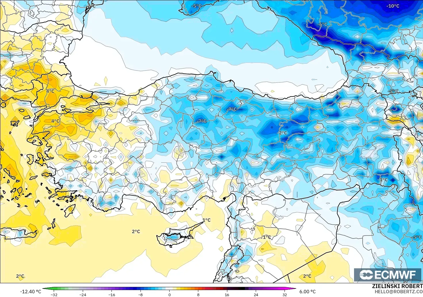 ECMWF IFS 0.25° モデル - トルコ, 気温異常（2m）