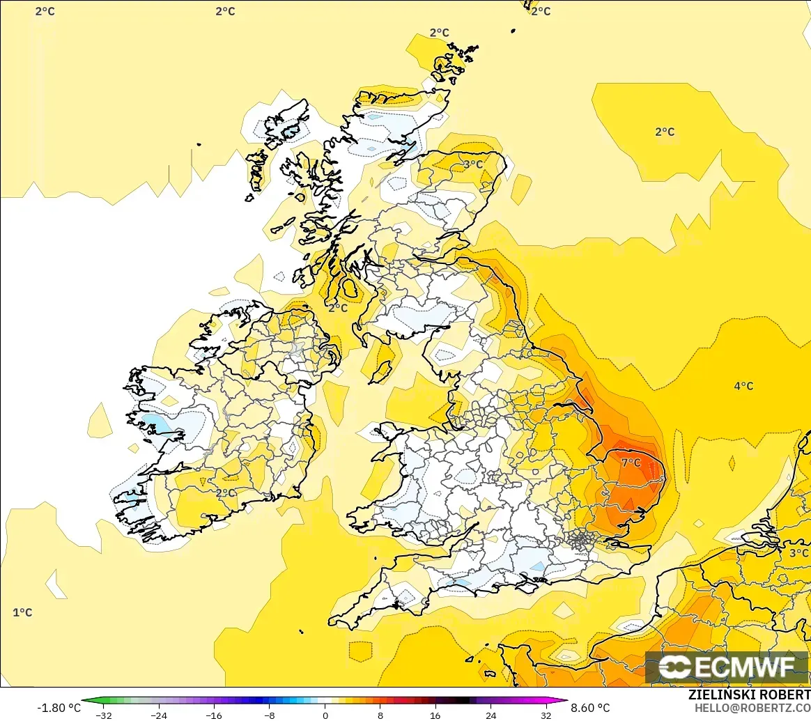 ECMWF IFS 0.25° モデル - イギリス, 気温異常（2m）